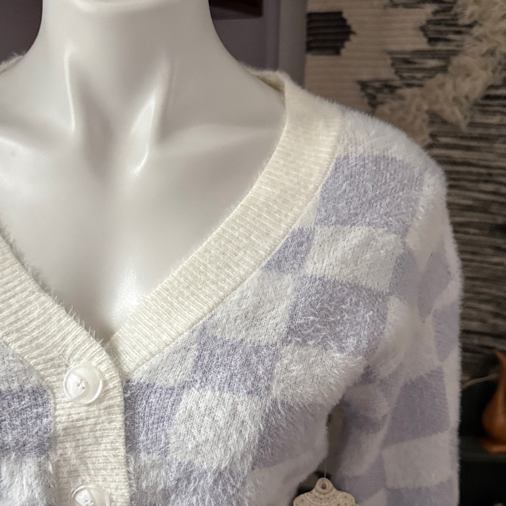 Altar'd State Cream and Purple Checkered Cropped Cardigan - Picture 5 of 13